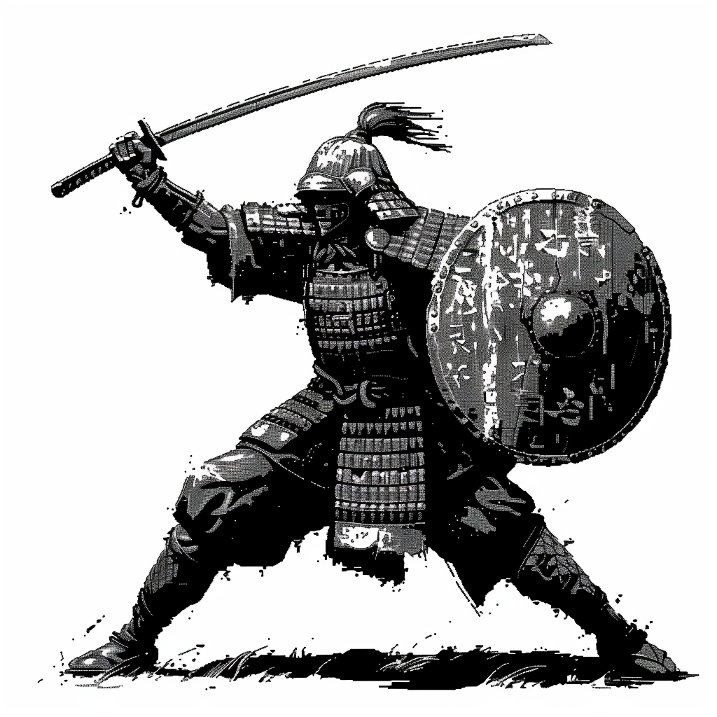 Pixelated Japanese Warrior with Sword and Shield