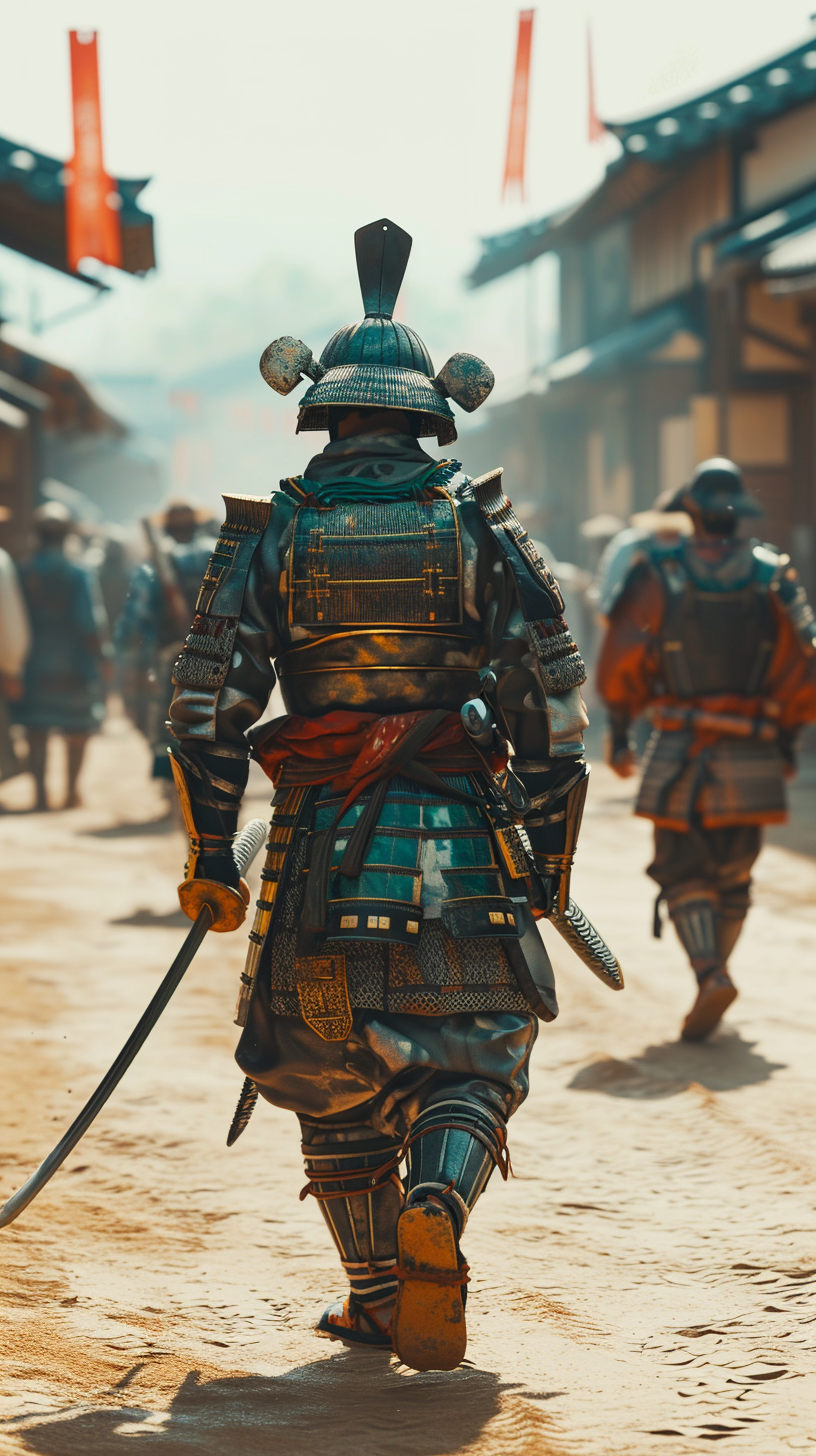 Japanese warriors in traditional armor and weapons