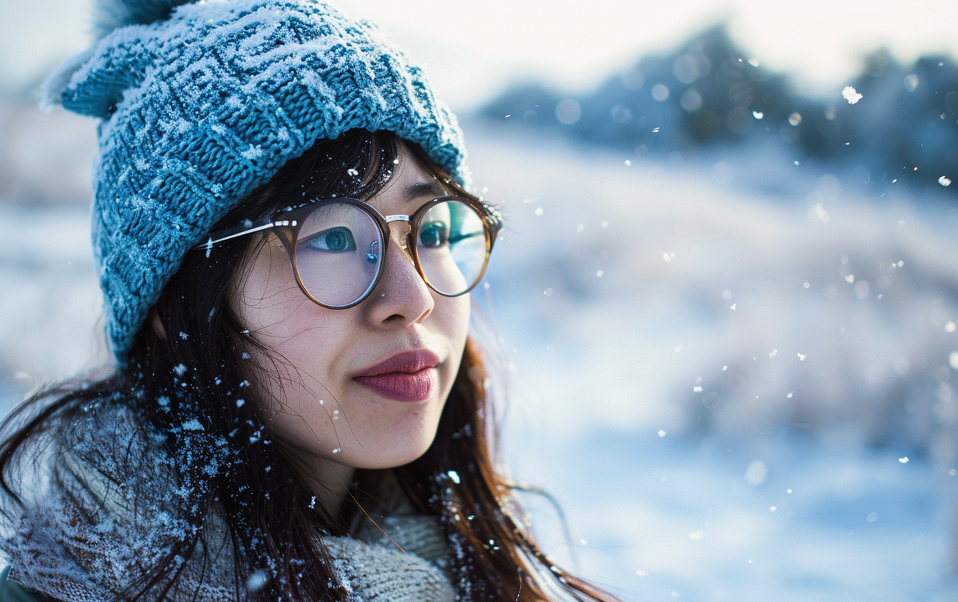 Japanese woman in blue knit hat and glasses in snow