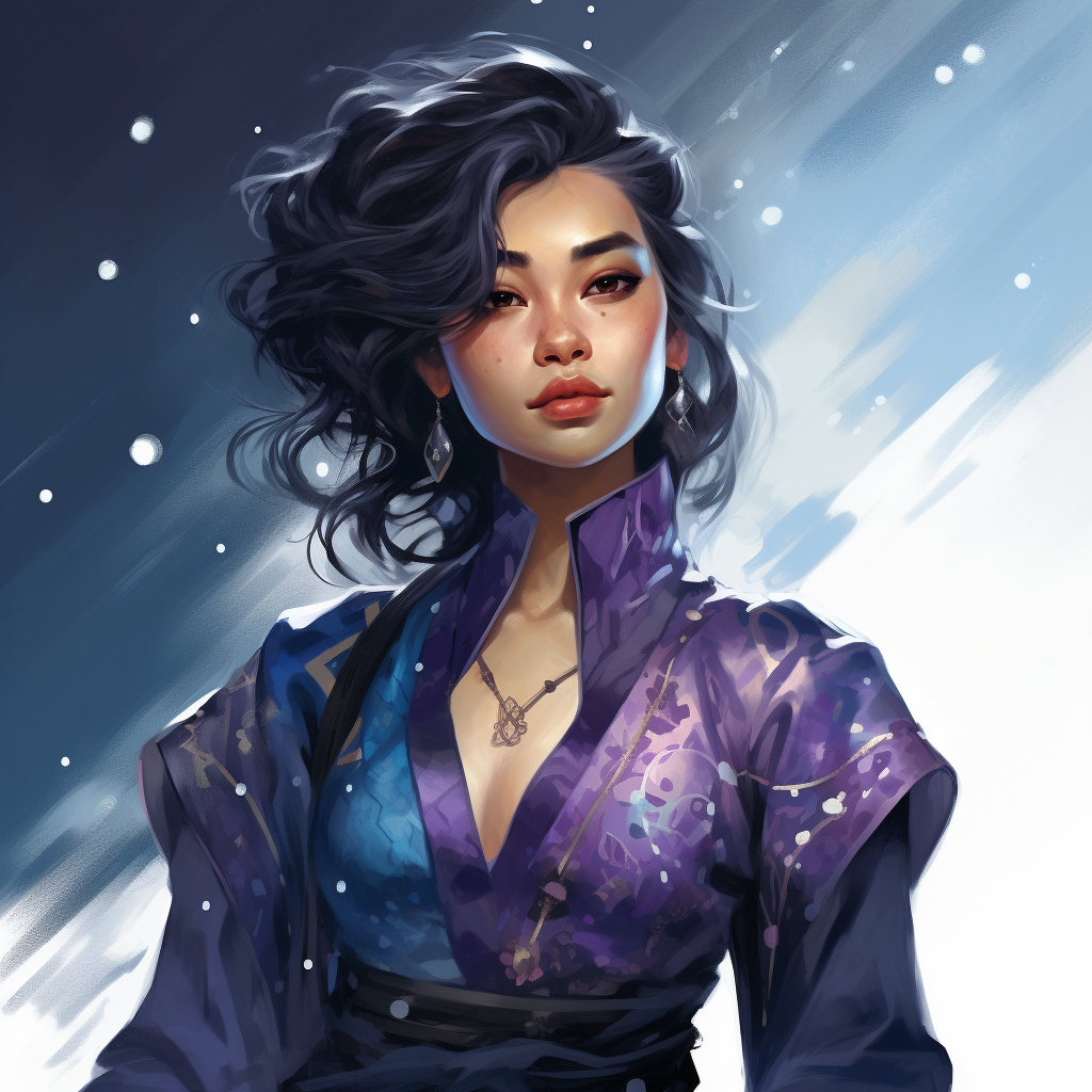 Japanese woman in starry blue and purple kimono