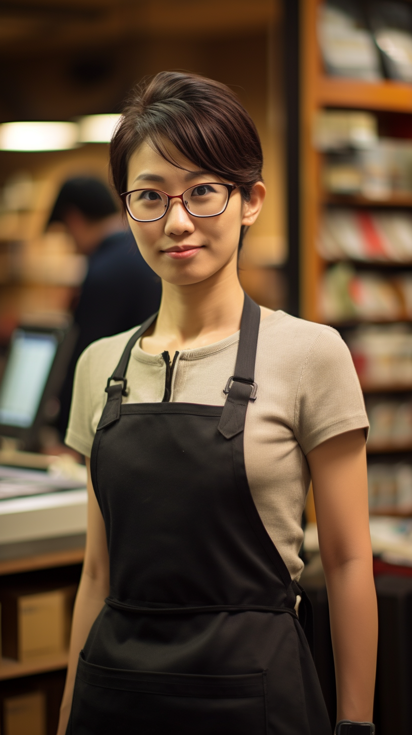 Smiling Japanese woman at a bookstore