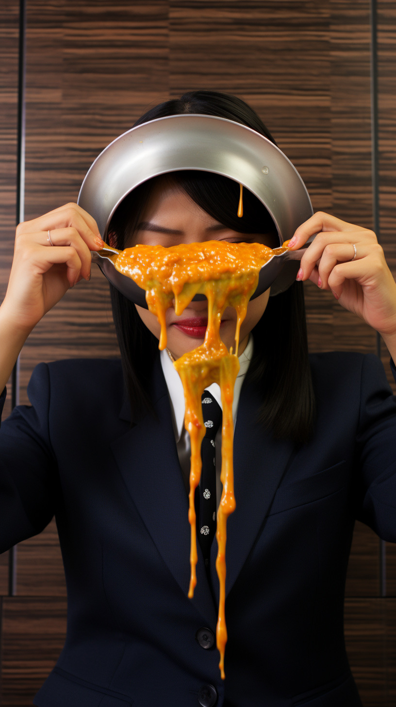 Japanese woman in business suit with curry sauce