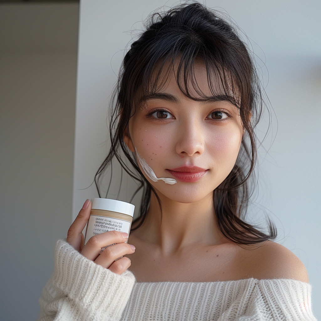 Japanese woman holding cream container