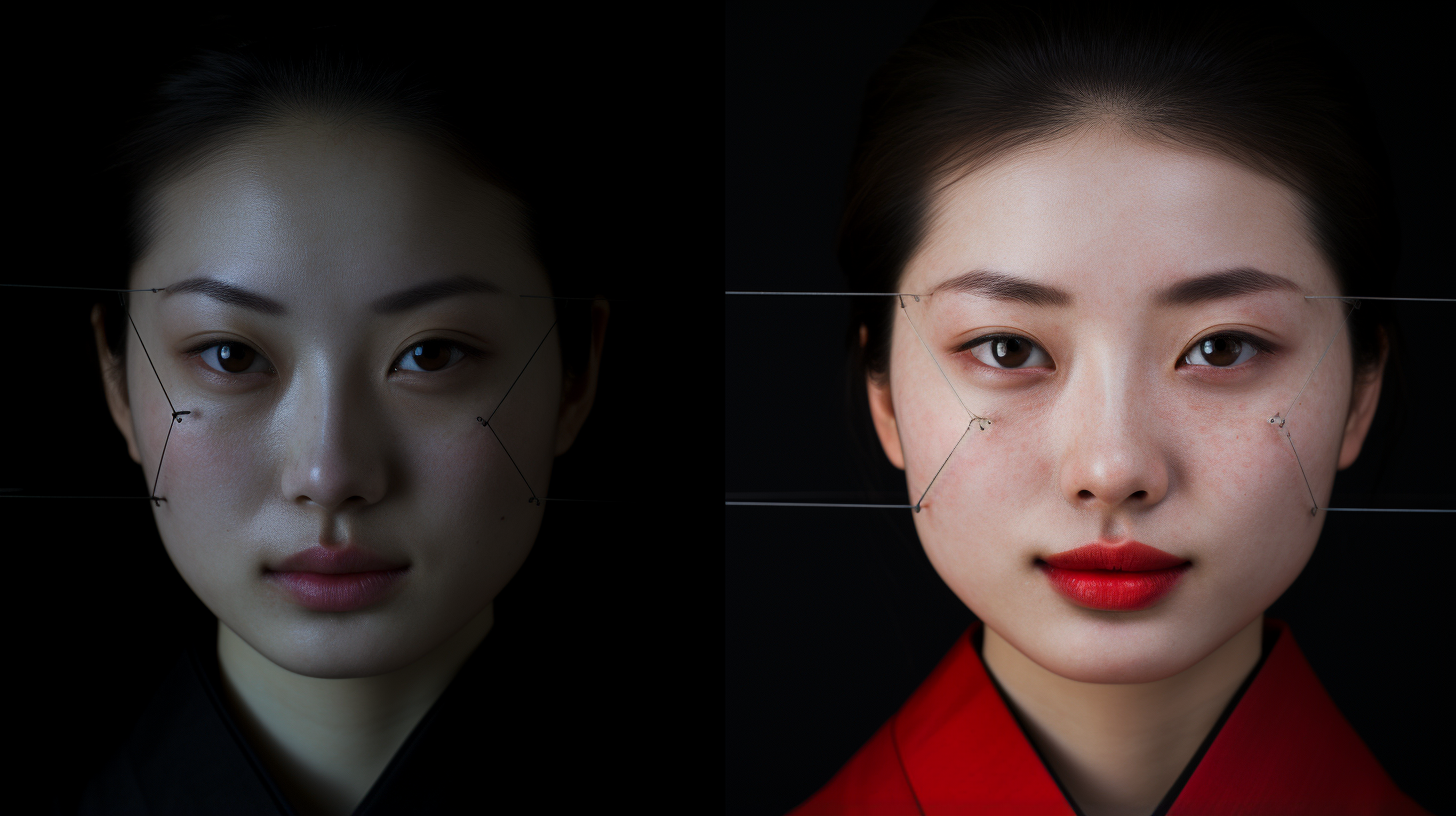 Japanese woman with divided face in black and white