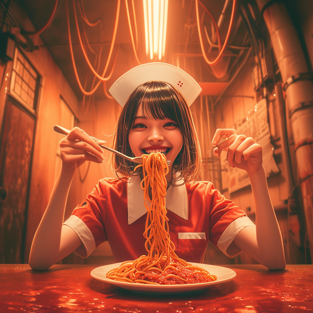 smiling Japanese nurse eating spaghetti