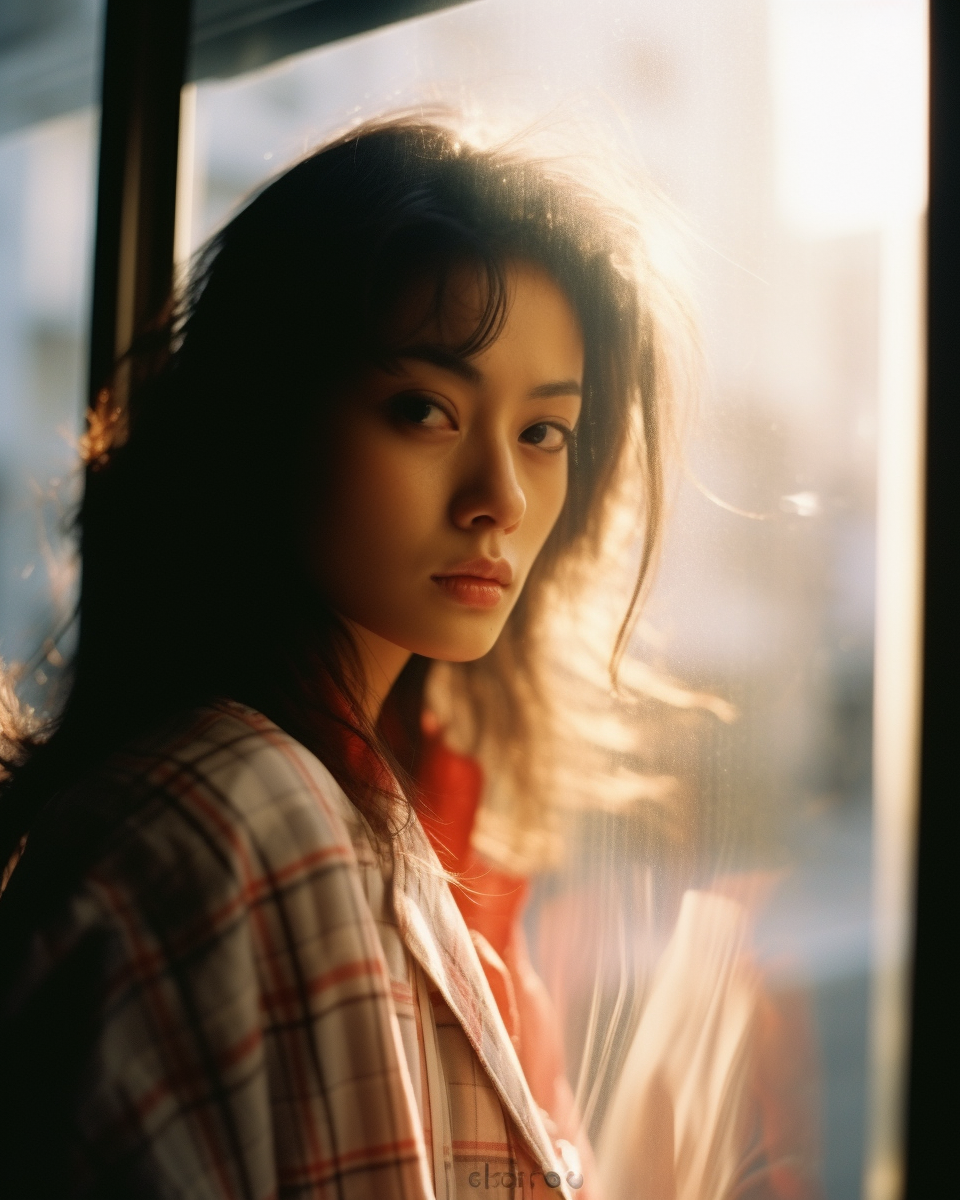 Japanese woman in fashionable clothing walking in morning sunlight