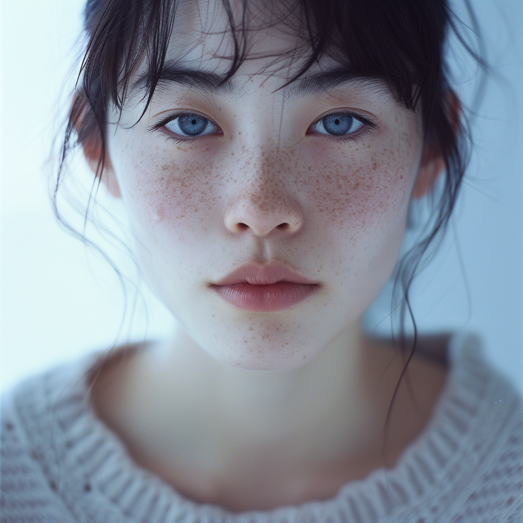 Japanese woman with pale skin and blue eyes