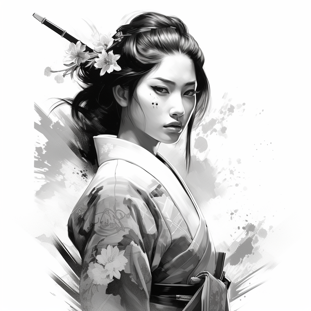 Japanese woman geisha holding a black and white katana