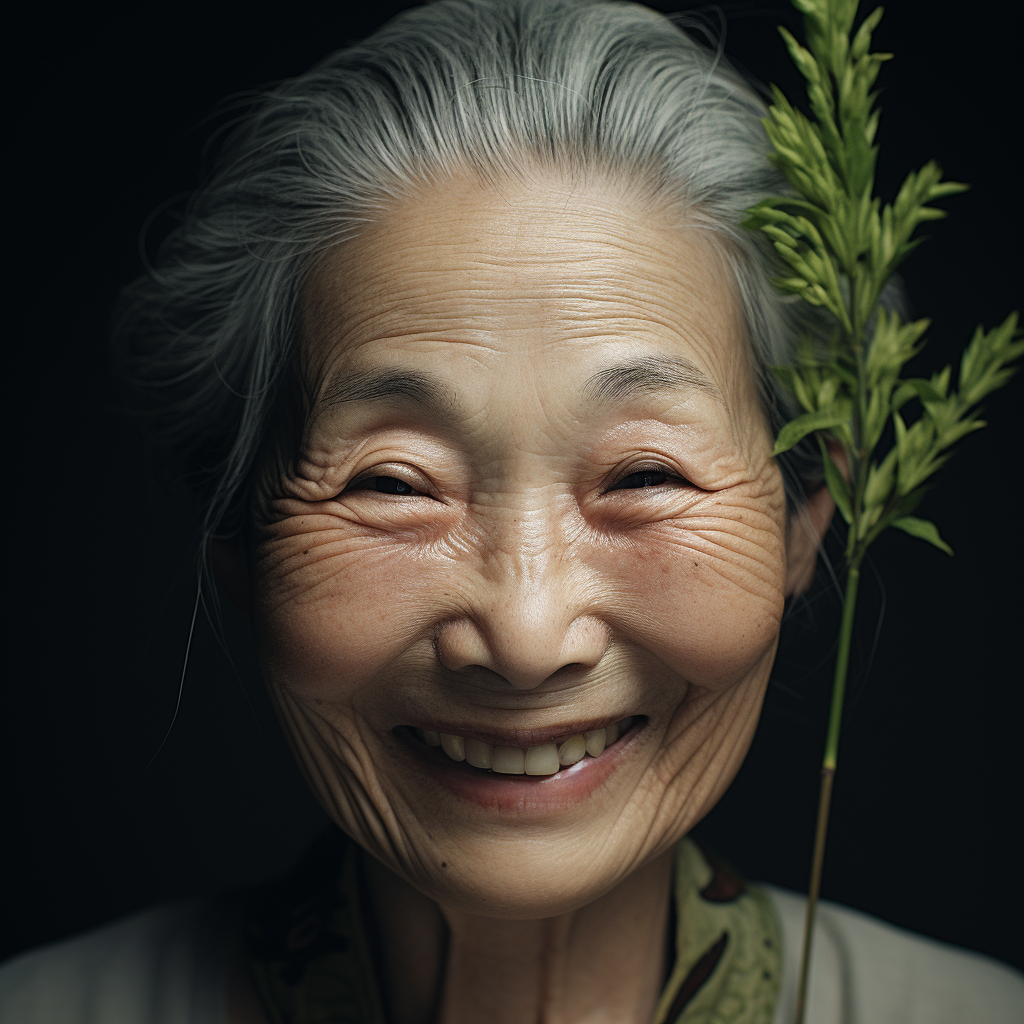 Smiling old Japanese woman with grassy eyebrows