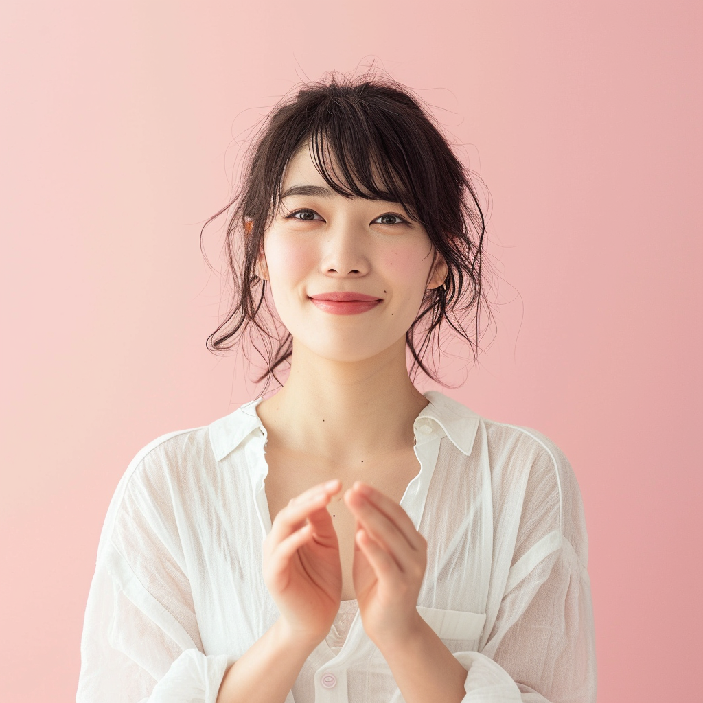 Happy Japanese Woman Holding Invisible Object