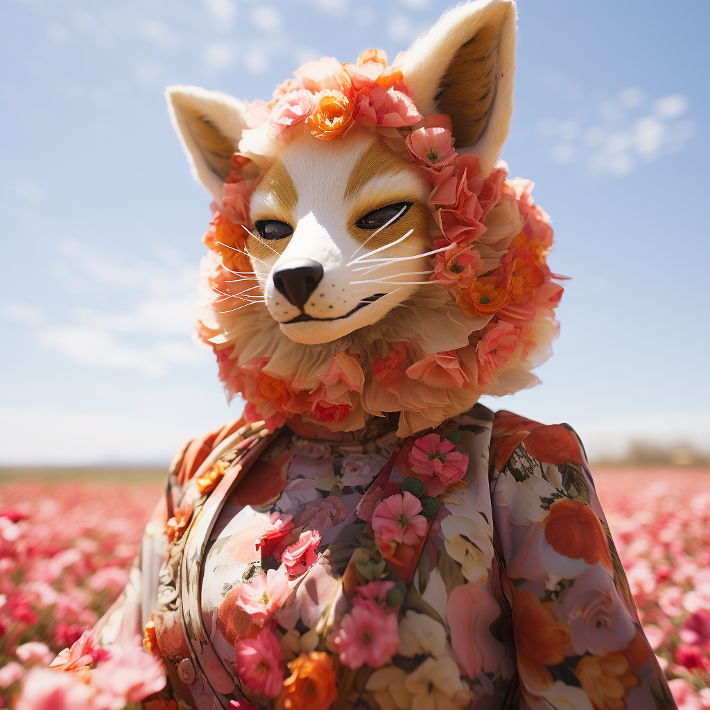 Japanese woman in kimono with fox mask in field of flowers