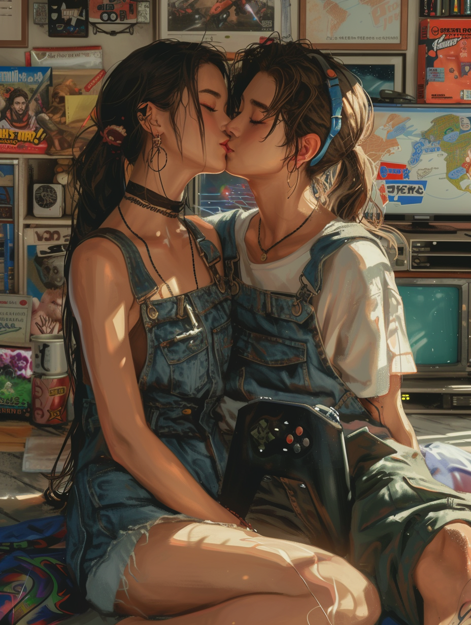 Japanese woman kissing boyfriend in gaming vibe overalls