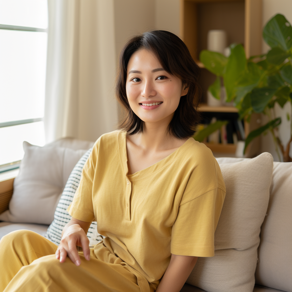 Japanese woman in cute loungewear smiling on sofa