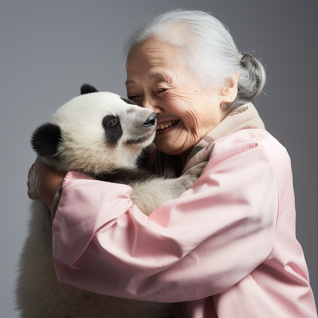 Happy Japanese woman headlocking panda with a smile