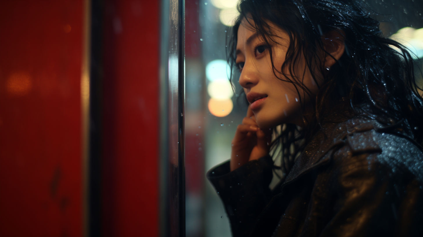 Japanese woman talking on payphone in Paris rain