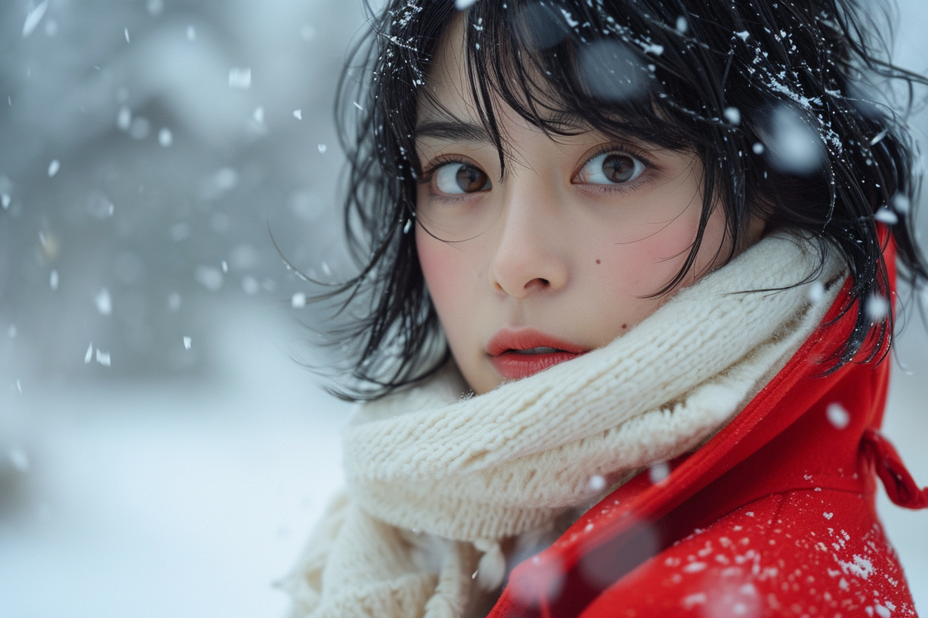 Japanese woman in red coat and white scarf in snowstorm