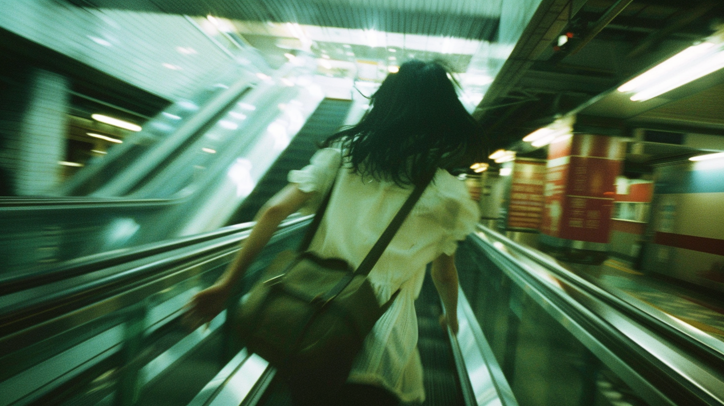 Japanese woman running up escalator