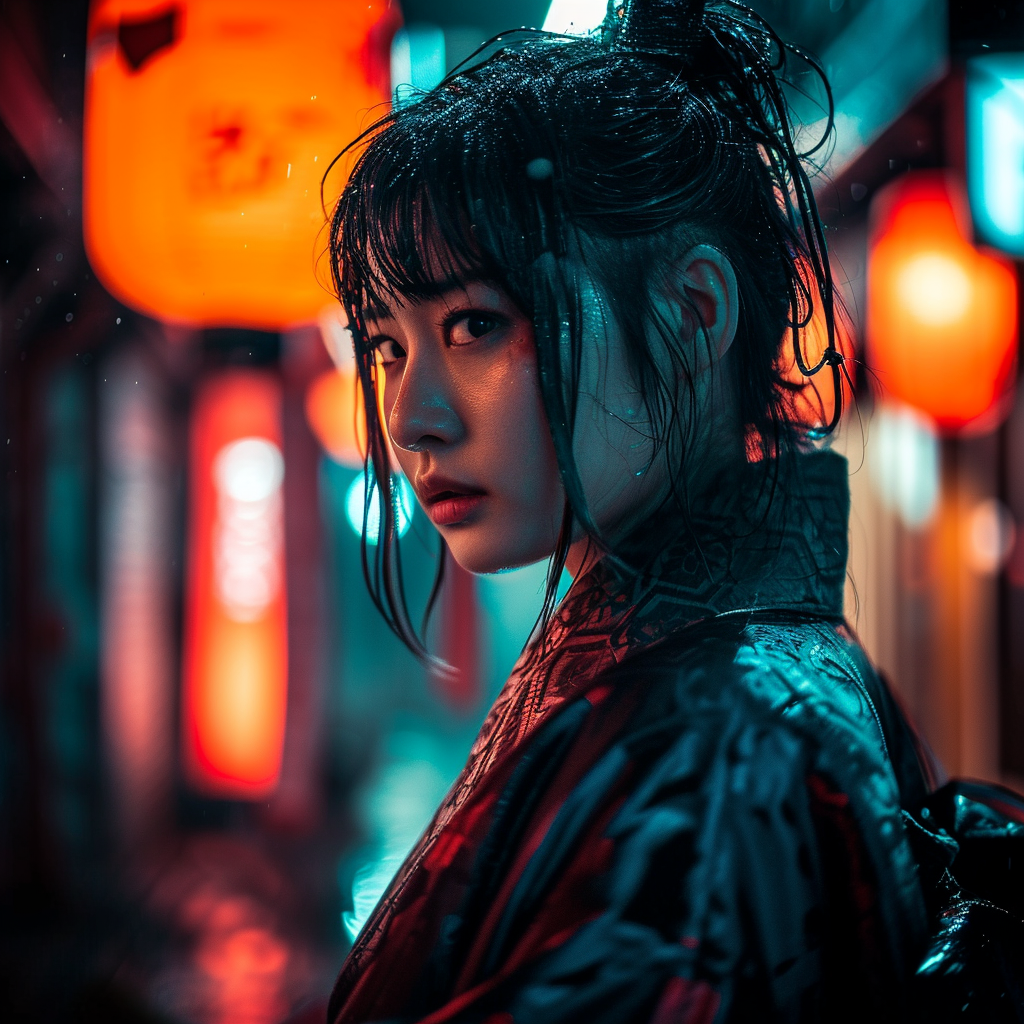 Japanese woman samurai in futuristic Tokyo