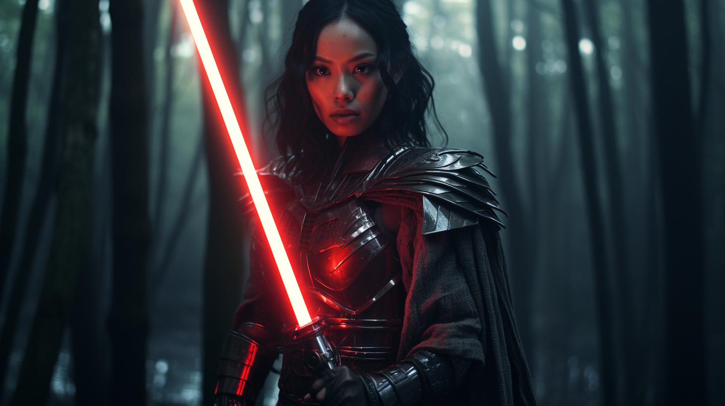 Japanese woman Sith Lord with red lightsaber in forest