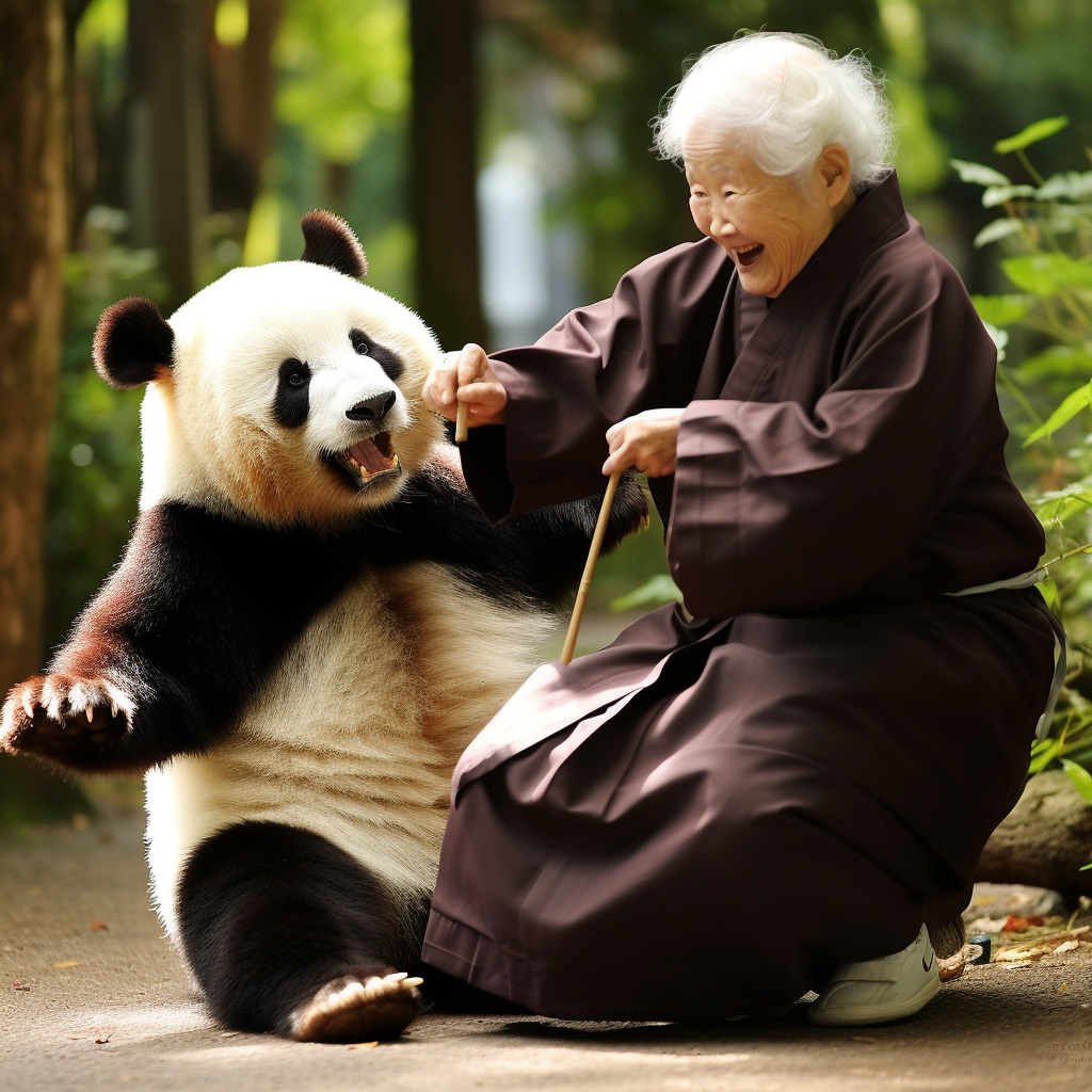 Smiling Japanese Woman Fighting Panda