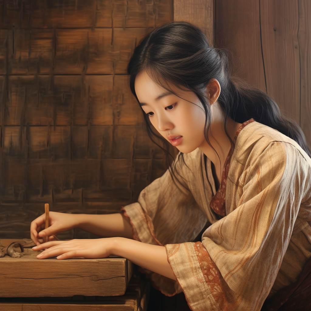 Japanese woman touching wood texture