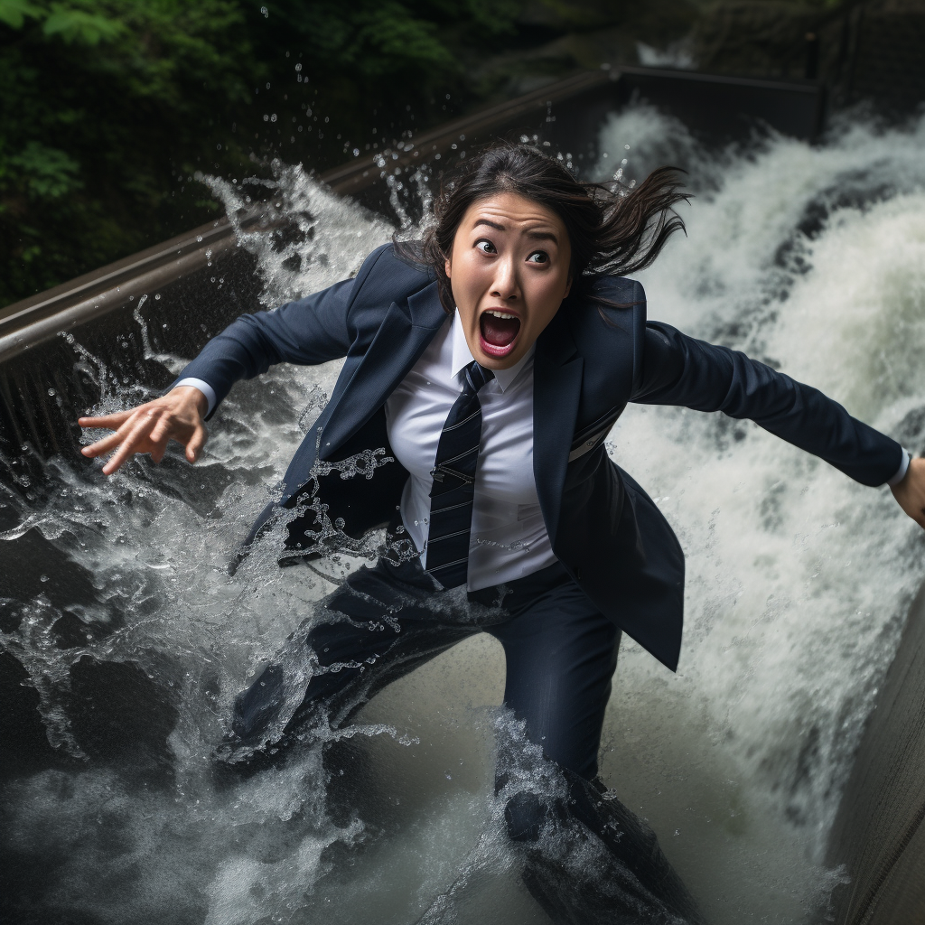 Japanese woman hit by waterfall in business suit