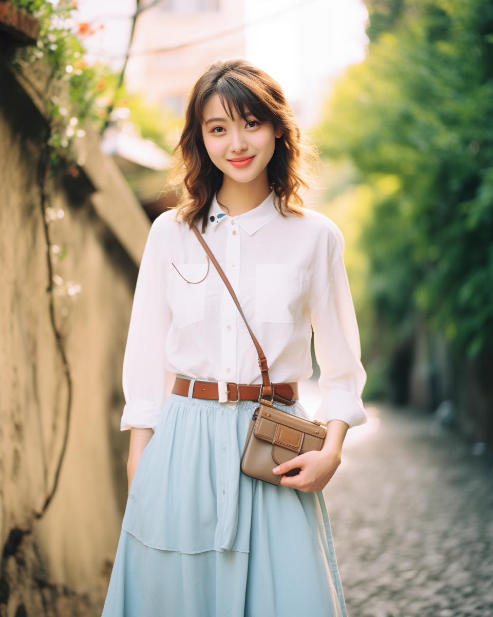 Japanese woman with stylish outfit and small pouch