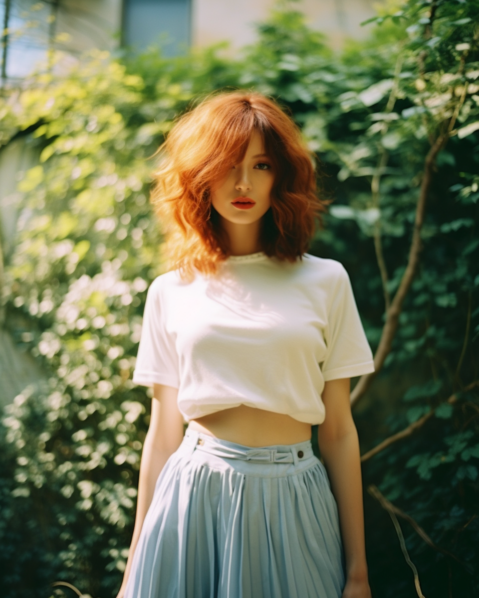 Beautiful Japanese Woman in White Blouse and Light Blue Skirt