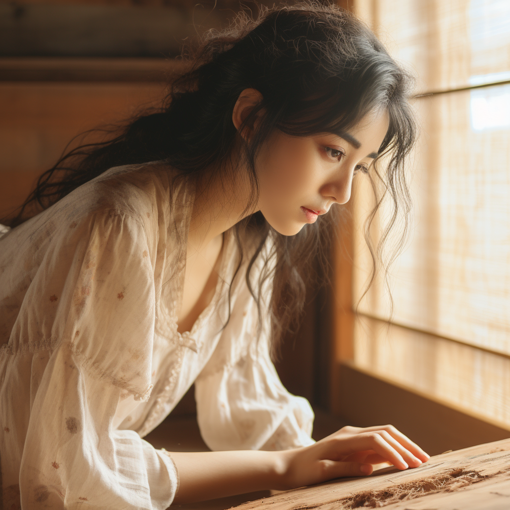 Japanese woman touching wood texture