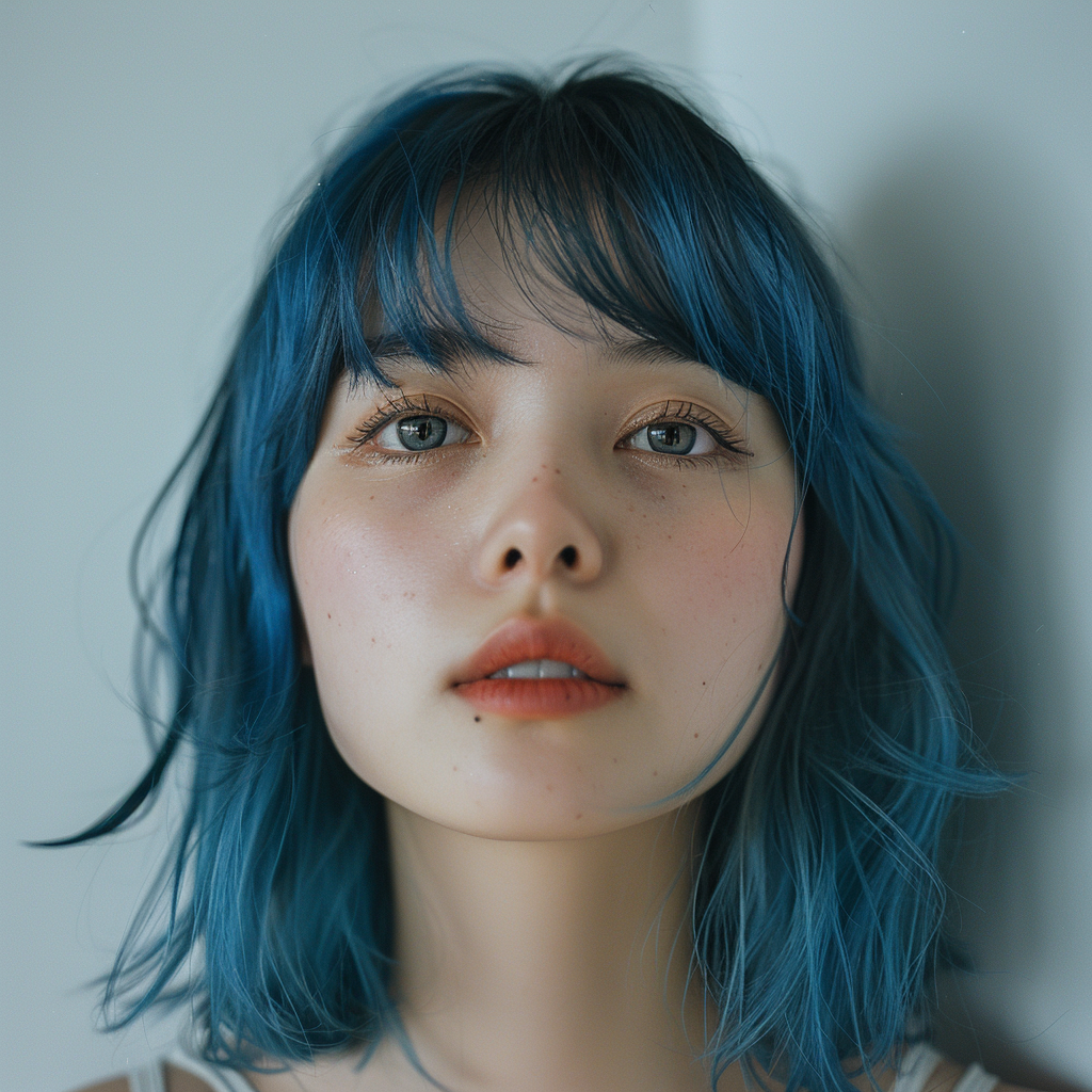 Japanese women with blue hair smiling