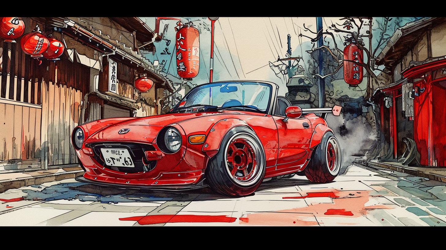 Japanese woodblock print of modified Mazda MX5