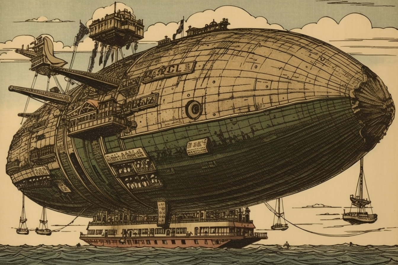 Steampunk Airship in Japanese Woodblock Print