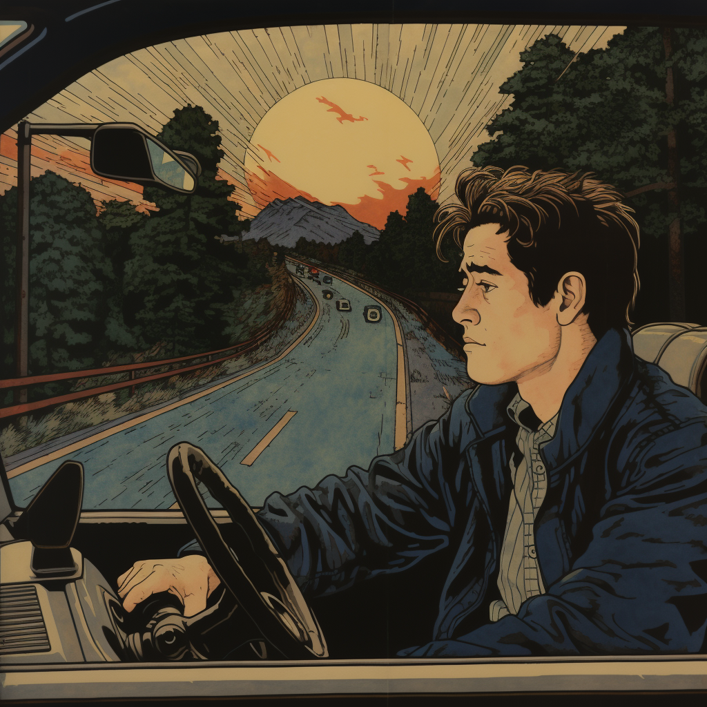 Matthew Broderick driving BMW in Japanese woodcut style