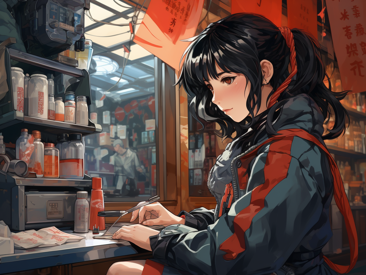 Japanese worker at convenience store in flat style