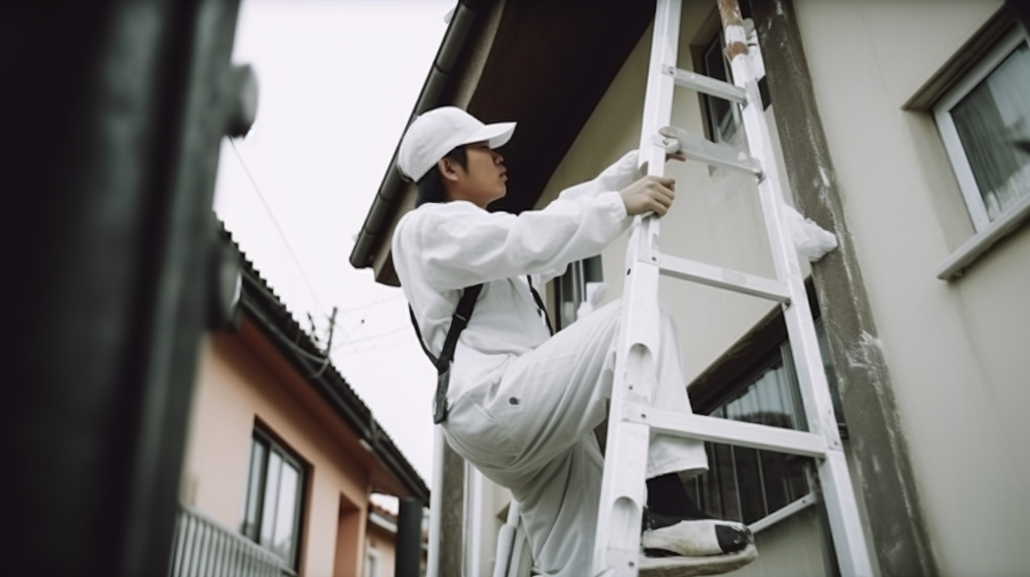 Japanese worker painting house exterior