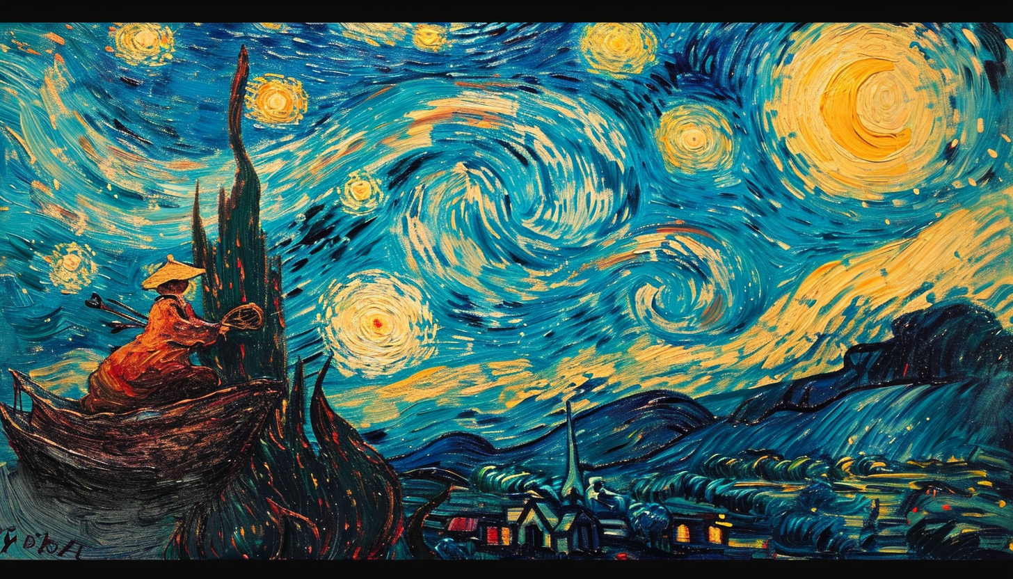 Oil painting of Japanese Yokai Kappa in Starry Night