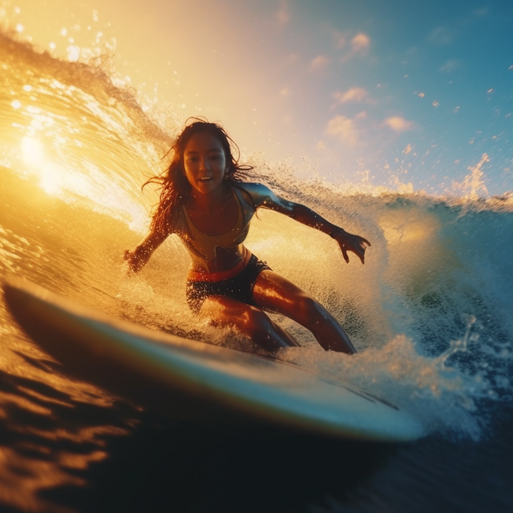 Japanese young girl surfing the sea