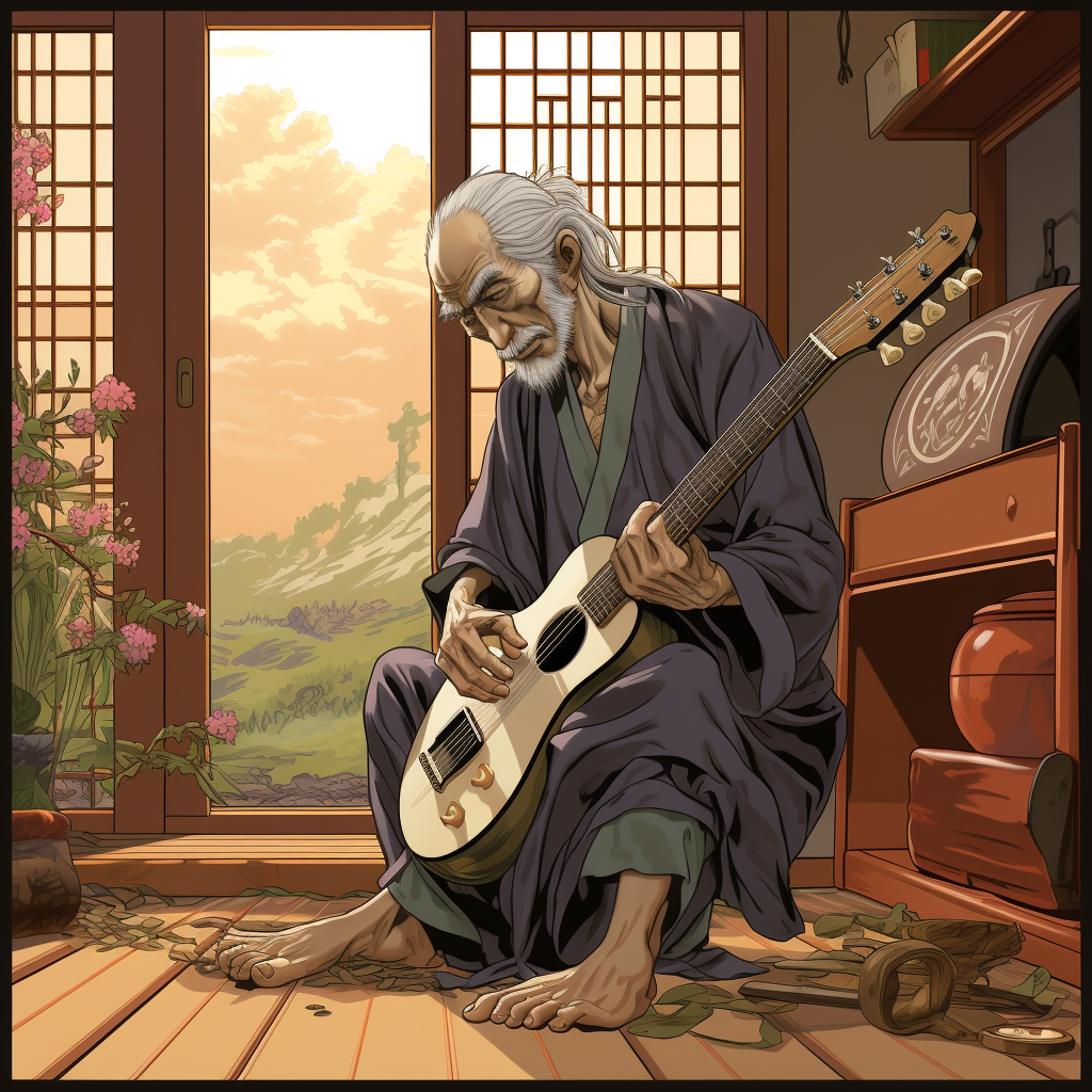 Elderly man playing electric guitar in Japanese room