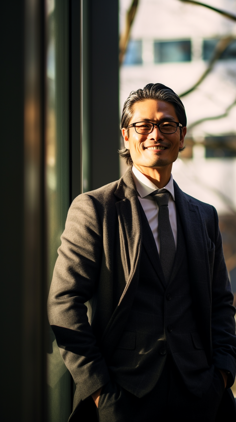 Japanese businessman smiling at office entrance