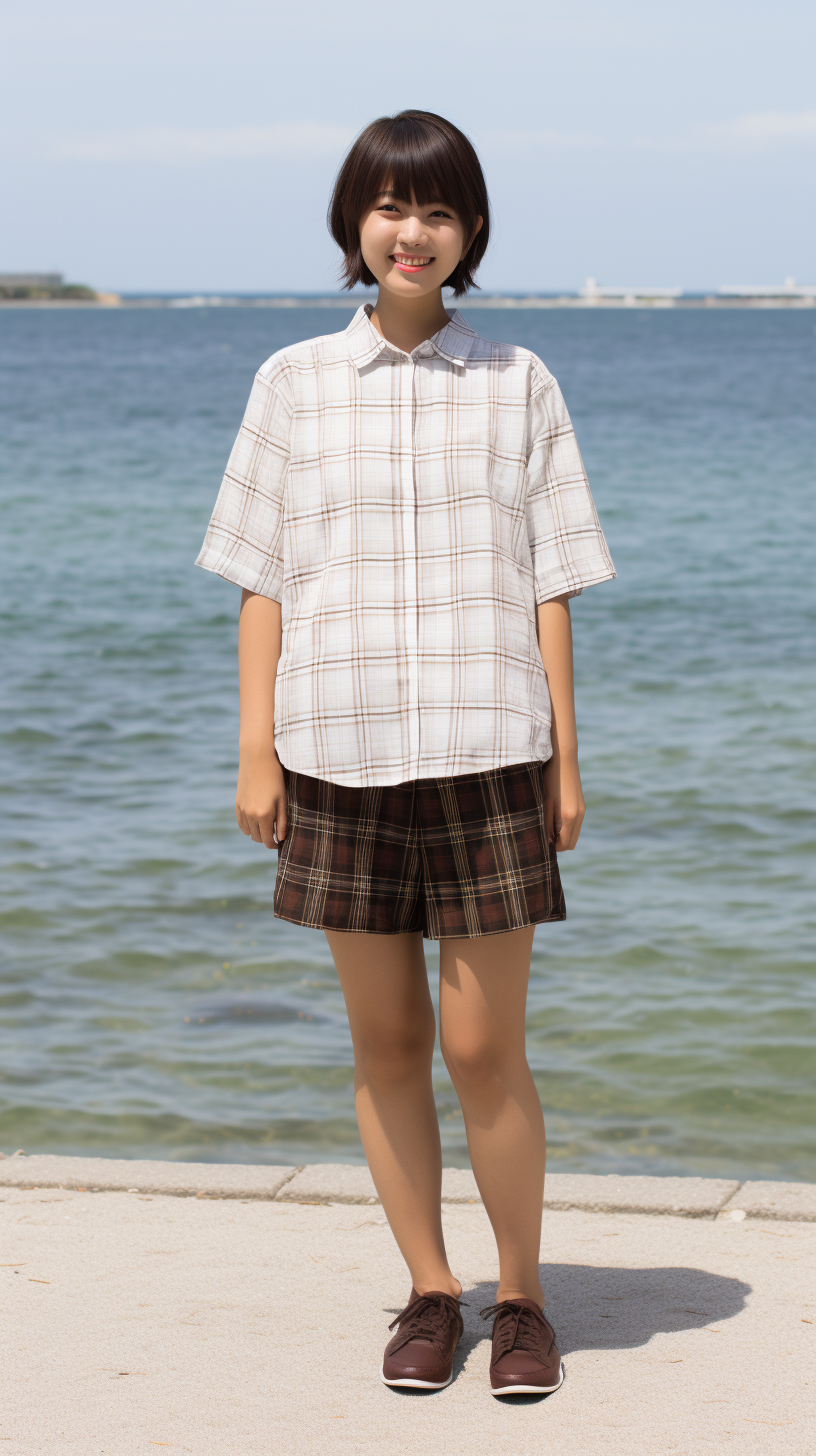 Japanese College Student Girl with Checker Shirt and Funny Pose