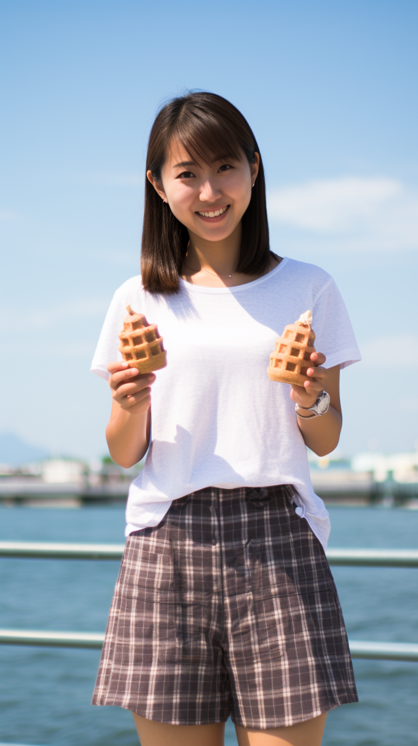 Smiling Japanese College Student Girl Eating Ice Cream