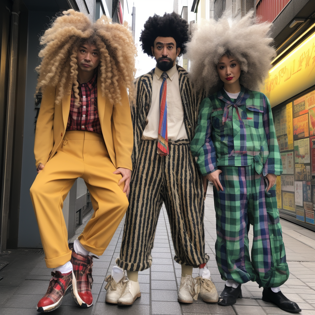 Japanese curly hair trio comedian in weird clothes