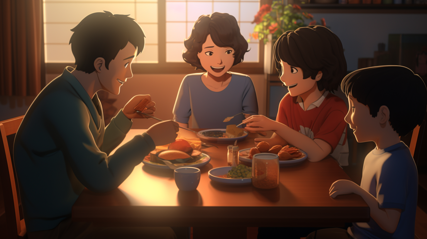 Japanese Family Breakfast Scene with Smiling Boy Holding Egg