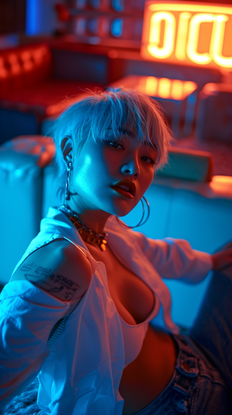 Japanese girl with defined muscles wearing blue jeans and a white blouse