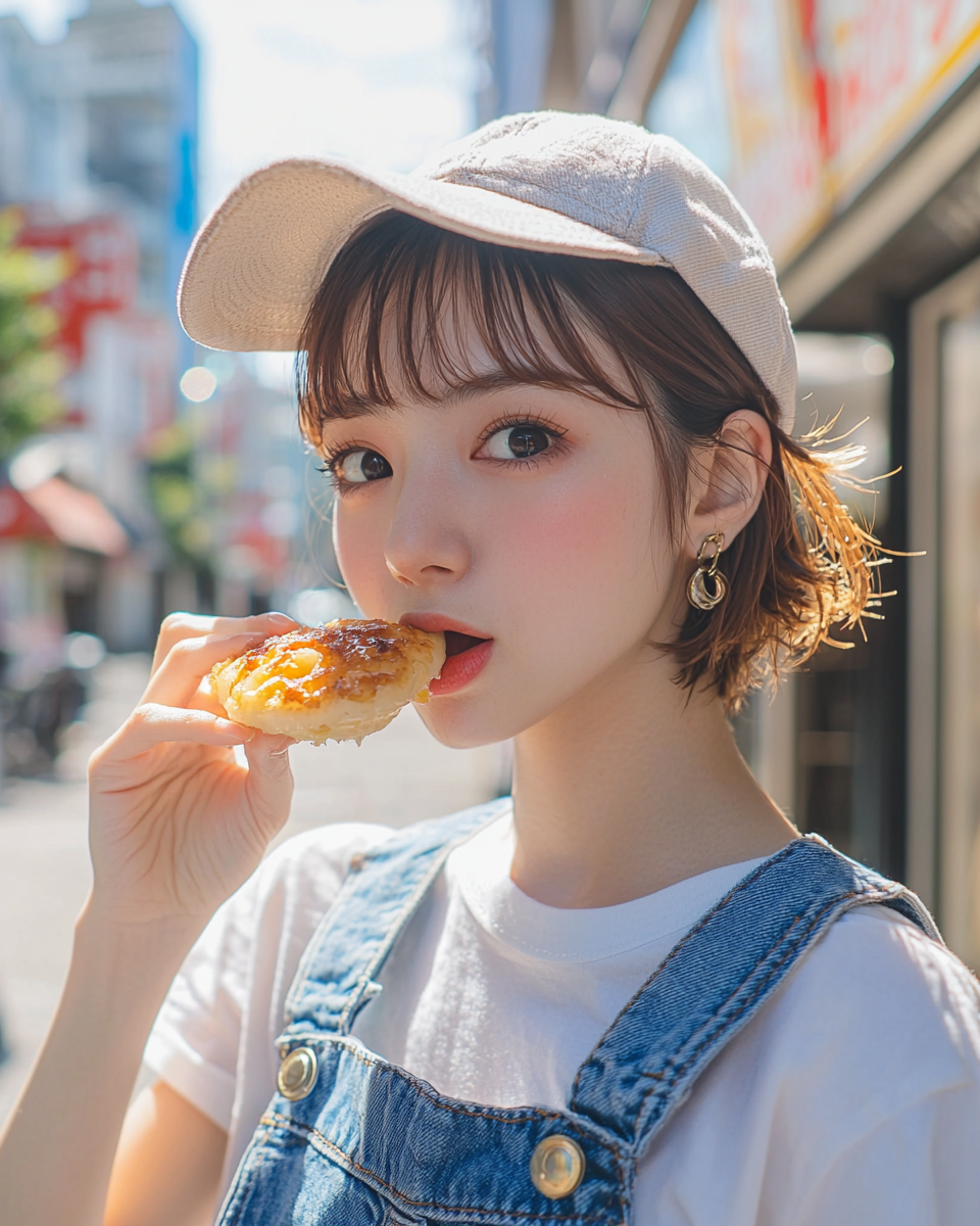 Japanese girl eating takoyaki outdoors