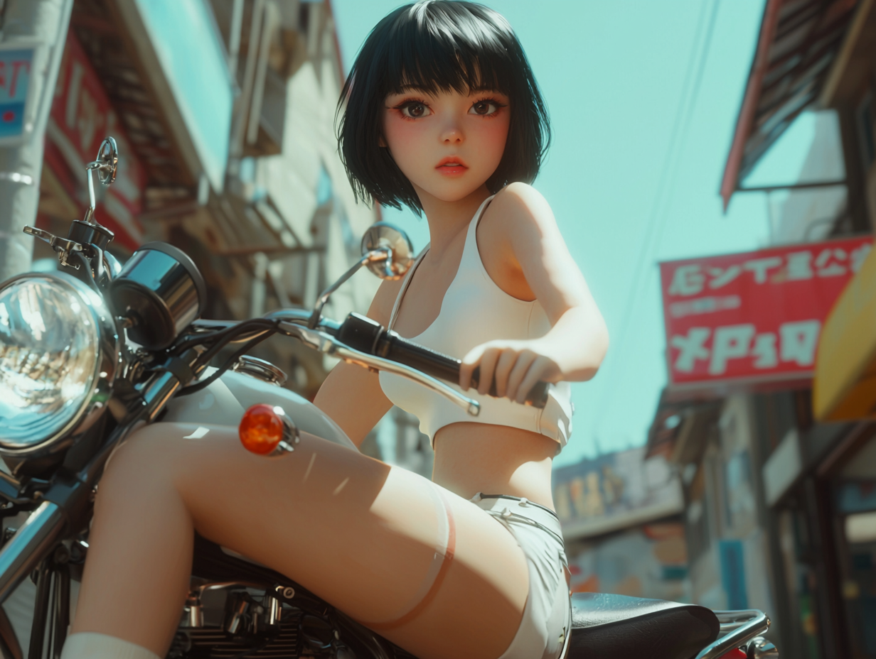 Japanese girl on motorbike in summer