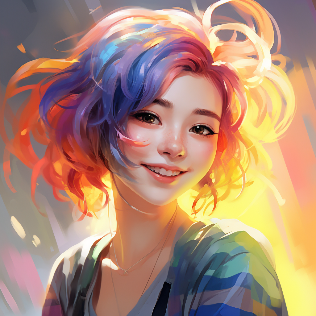 Artistic portrait of a happy Japanese girl with rainbow hair