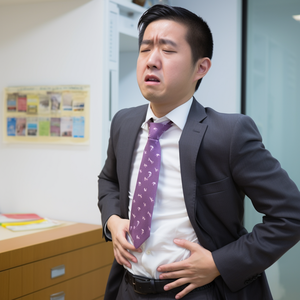 Frail-looking Japanese businessman holding his stomach