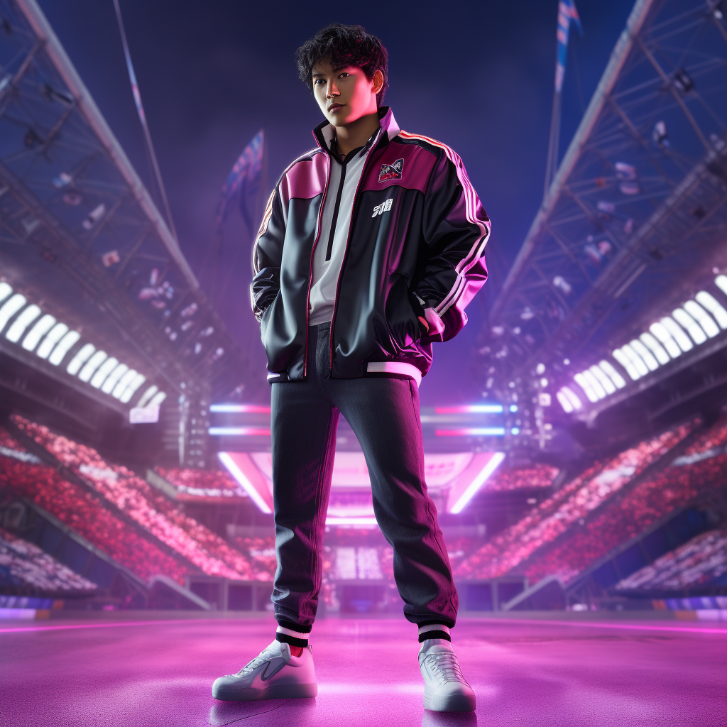 Japanese male in purple and pink sportswear on a futuristic soccer field