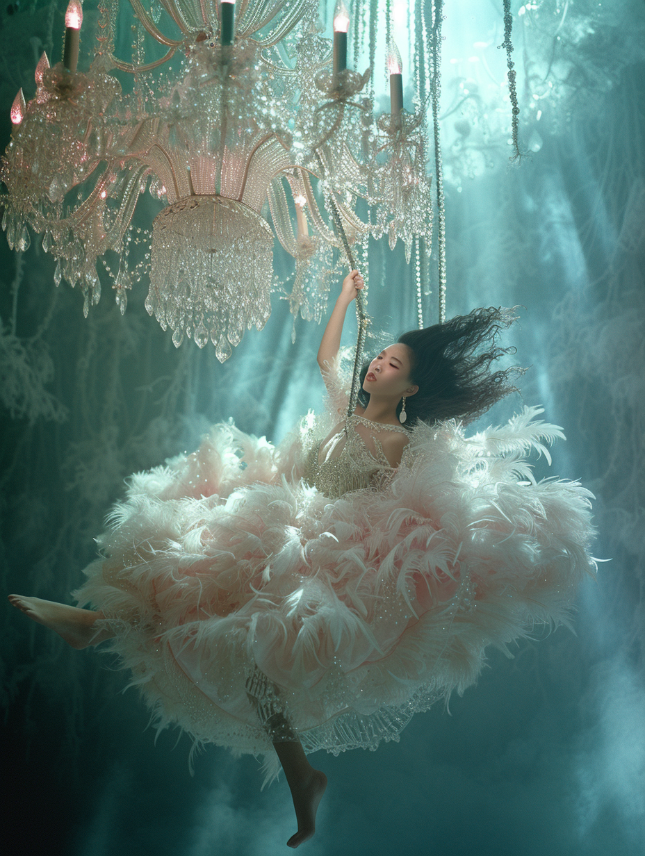 Japanese Model in Extravagant Gown on Chandelier